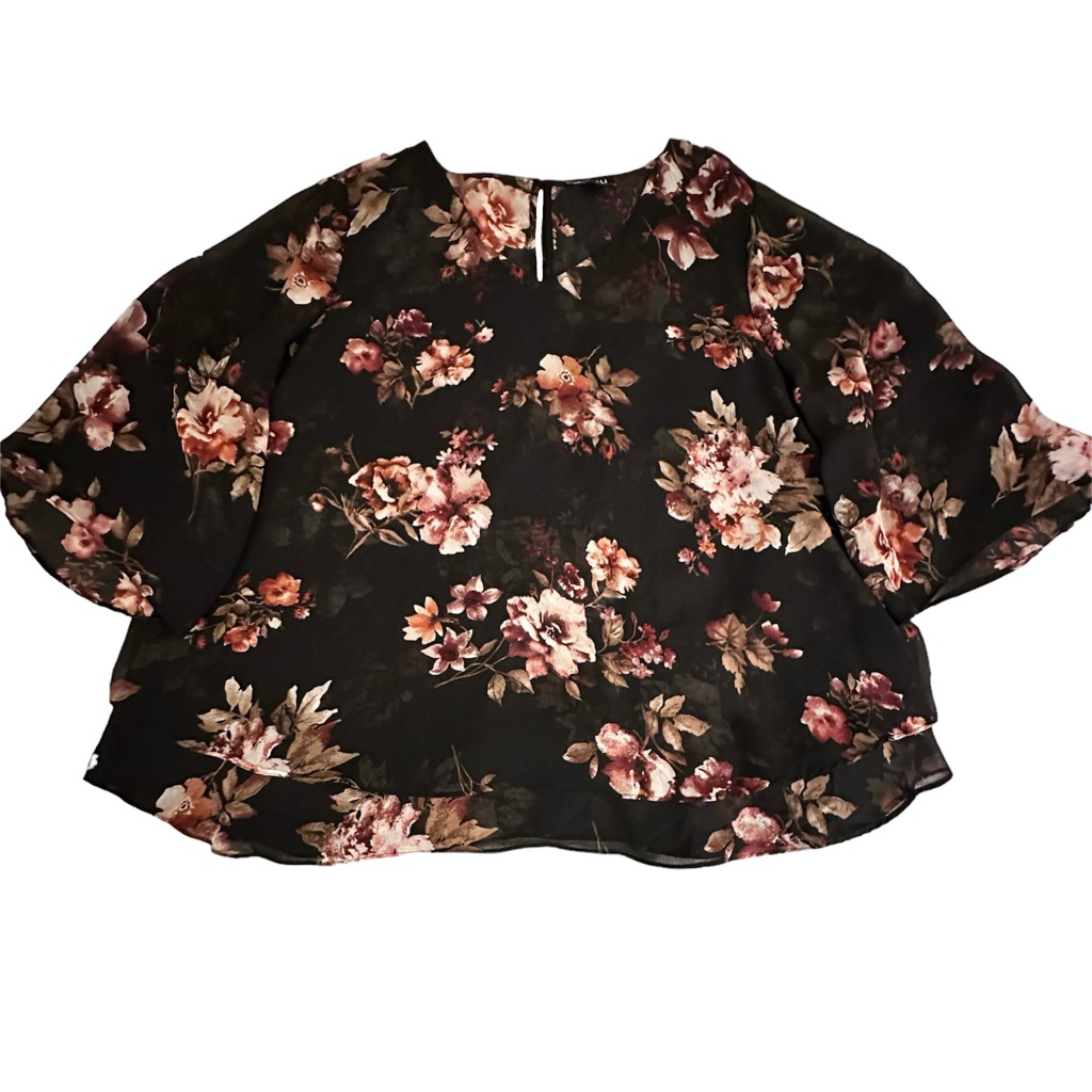 Roz & Ali V-Neck Asymmetrical Sheer Sleeves Black Floral Blouse Size 2x — image 8 of 8
